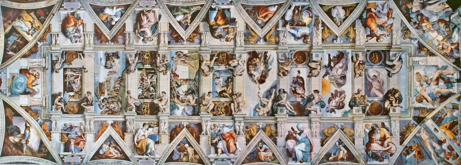 A ceiling with many paintings