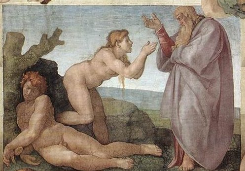 A ceiling with a painting of men and animals