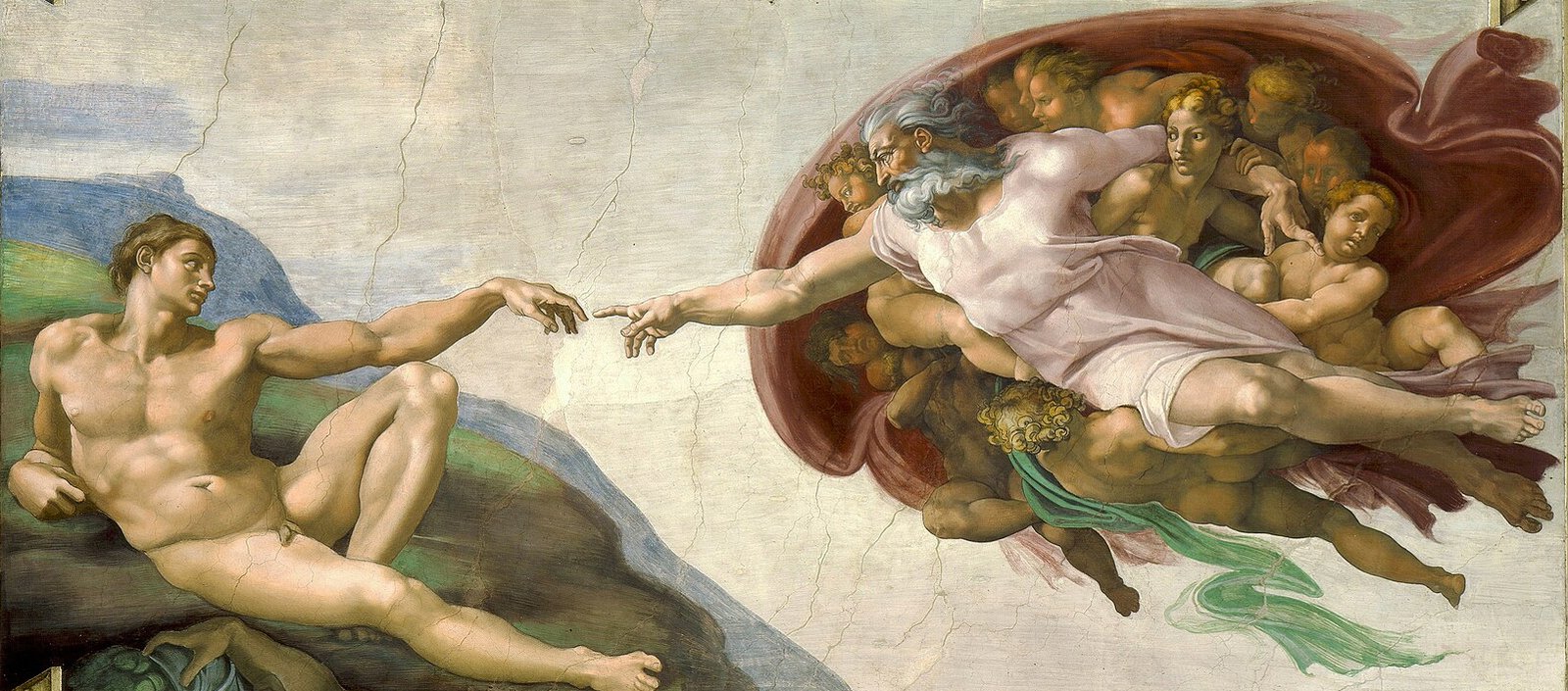 A ceiling with a painting of a person and person