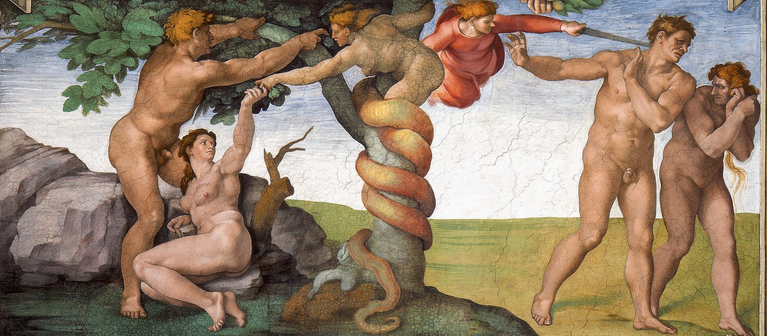 A ceiling with a painting of naked men