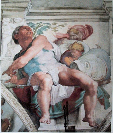 A painting of a person lying on a chair